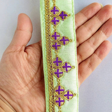Mirrored Yellow/ Mint Green/ Cyan Blue/ Melon Orange Fabric Trim With Gold Embroidery, Indian Sari border - 210119L291/92/93/94